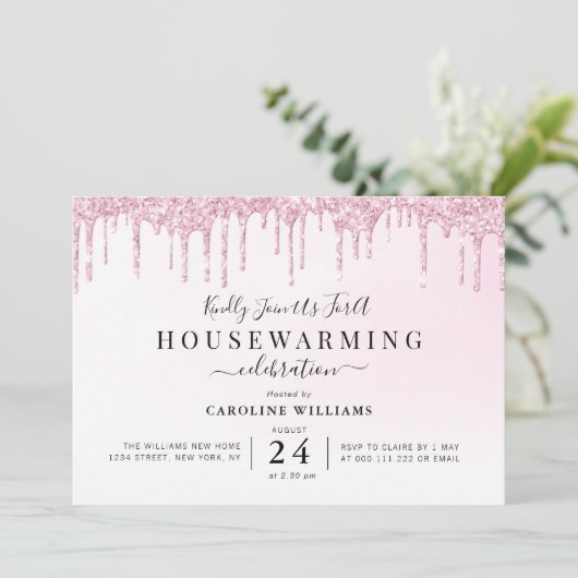 paarse glitters huis warming party uitnodiging (Staand voorkant)