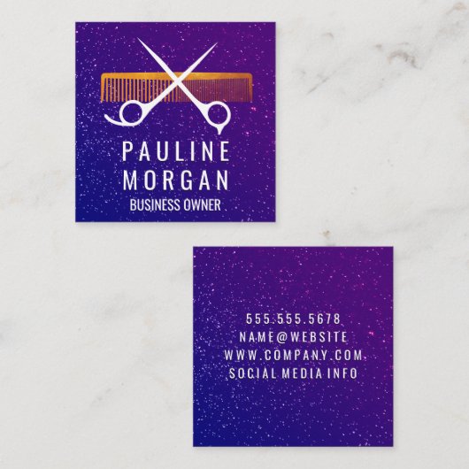 Paarse Glitters | Kam en Schaar Vierkante Visitekaartje (Voorkant / Achterkant)