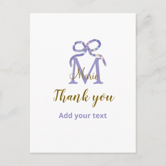 Paarse glitters lint voeg naam letter monogram toe briefkaart (Voorkant)