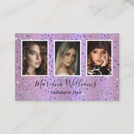 paarse glitters make-up en haar 3 foto's collage visitekaartje (Voorkant)