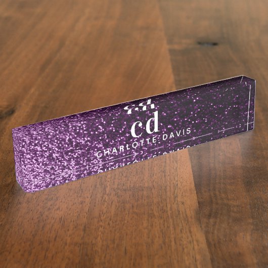 Paarse glitters monogram initiaal luxe naambordje (Zijkant)