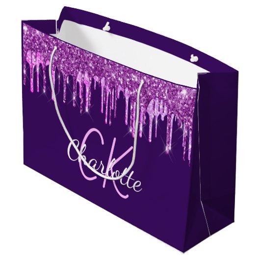 Paarse glitters roze druipend monogram groot cadeauzakje (Achterkant Gekanteld)