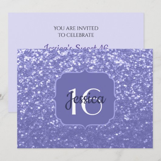 Paarse glitters schittering Sweet 16 Monogram Kaart (Voorkant / Achterkant)