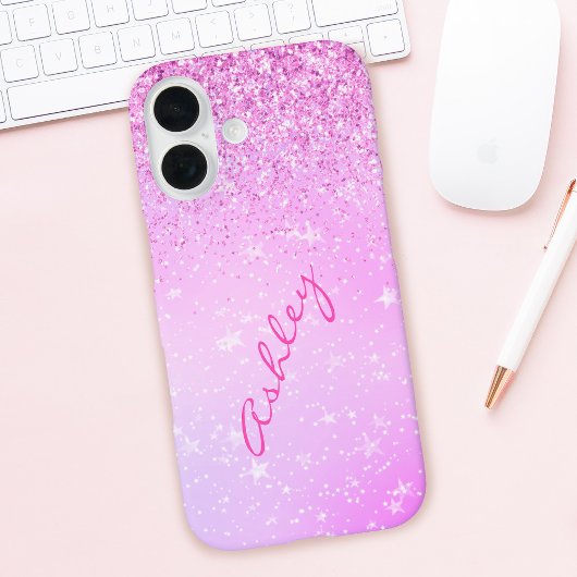Paarse Glitters & Witte Sterren, Naam in Script Case-Mate iPhone Case