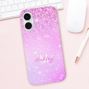 Paarse Glitters, Witte Sterren Script Naam & Monog iPhone 16 Hoesje