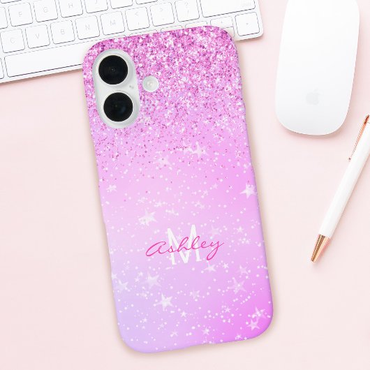Paarse Glitters, Witte Sterren Script Naam & Monog Case-Mate iPhone Case