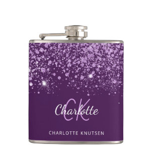 Paarse glitterscherf monogram naam script  heupfles