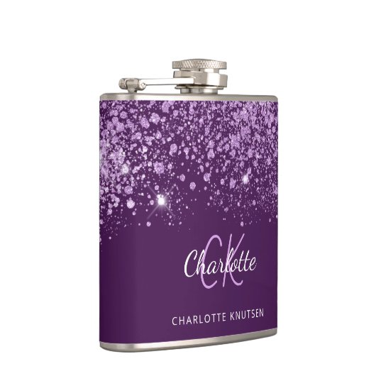 Paarse glitterscherf monogram naam script  heupfles (Rechts)