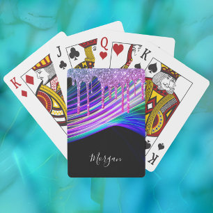 Paarse glitterschijven, lichte stralen, naam op zw pokerkaarten