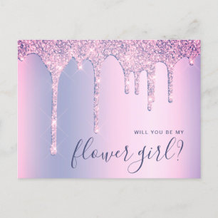 Paarse glitterslijmer ben jij mijn bloemenmeisje uitnodiging briefkaart