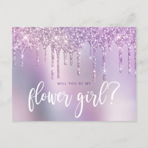 Paarse glitterslijpsel word je mijn bloemenmeisje uitnodiging briefkaart