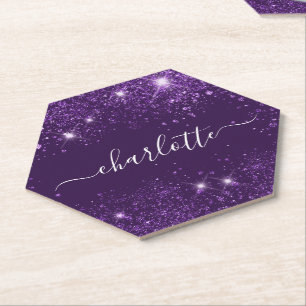 Paarse glittersparkelende naam script feest kartonnen onderzetters
