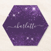 Paarse glittersparkelende naam script feest kartonnen onderzetters (Voorkant)