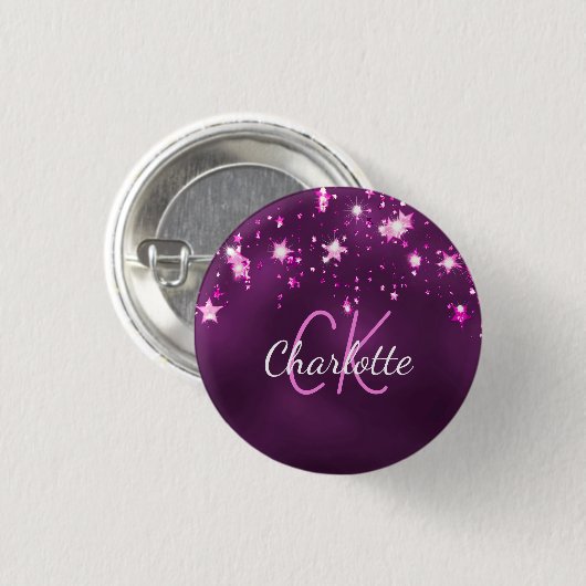 Paarse glitterssterren aangepaste monogram roze ronde button 3,2 cm (Voorkant /achterkant)