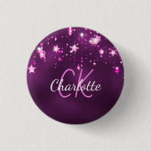 Paarse glitterssterren aangepaste monogram roze ronde button 3,2 cm (Voorkant)