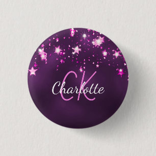 Paarse glitterssterren op maat gemaakt monogram ro ronde button 3,2 cm