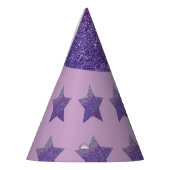 Paarse glittersterren en lila achtergrond feesthoedjes (Links)
