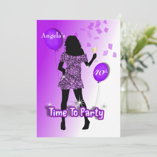 Paarse Glitzy Girly Time to Party Personalized Kaart (Staand voorkant)