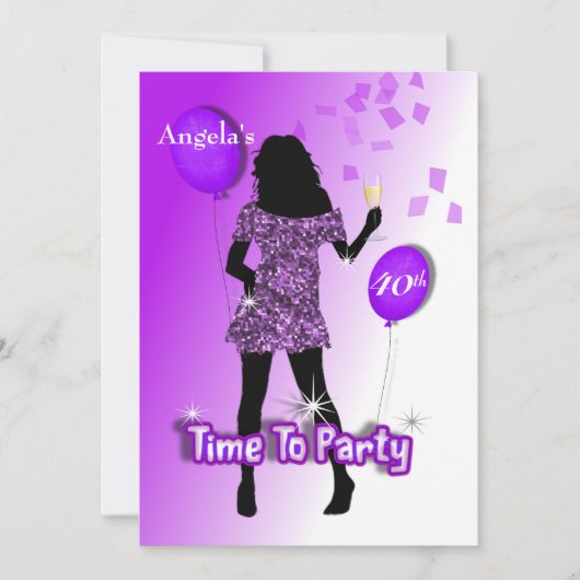 Paarse Glitzy Meid Tijd Voor Een Feestje Persoonli Kaart (Voorkant)