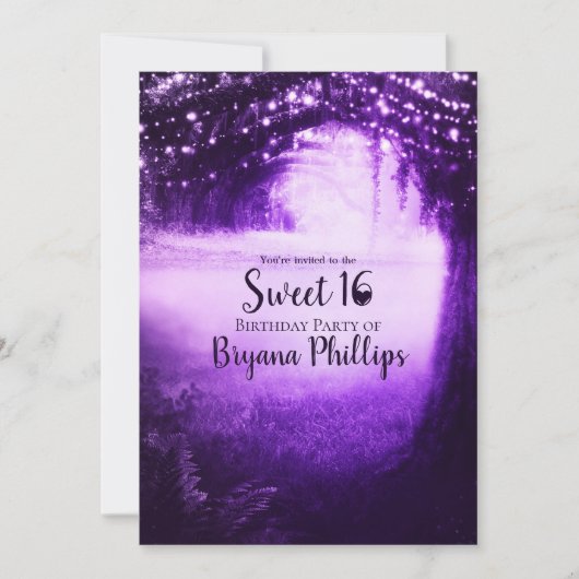 Paarse Glow Forest & String Lights Sweet 16 Party Kaart (Voorkant)