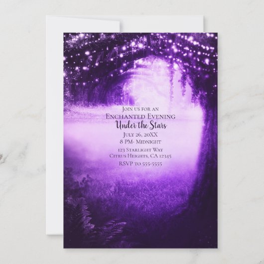 Paarse Glow Forest & String Lights Sweet 16 Party Kaart (Achterkant)