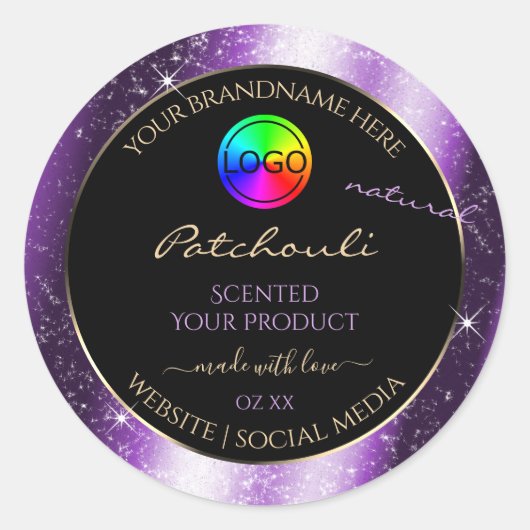Paarse Glow Glitter Lijst Productlabel met Logo Ronde Sticker (Voorkant)
