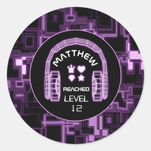 Paarse Glow Videogame Headsets Party Ronde Sticker (Voorkant)