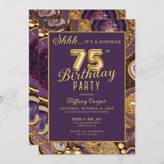 Paarse Gold Agaat Verrassing 75e Verjaardagsfeest Kaart (Voorkant / Achterkant)