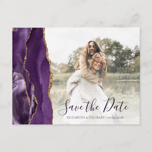 Paarse Gold Agate - Aangepaste foto Opslaan Datum Briefkaart (Voorkant)