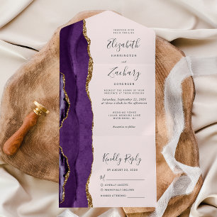 Paarse Gold Agate Blush Pink Wedding All In One Uitnodiging