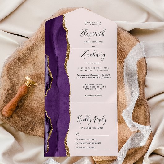 Paarse Gold Agate Blush Pink Wedding All In One Uitnodiging