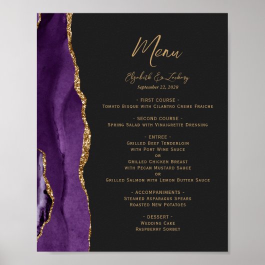 Paarse Gold Agate Dark Trouwtafel Menu Poster (Voorkant)