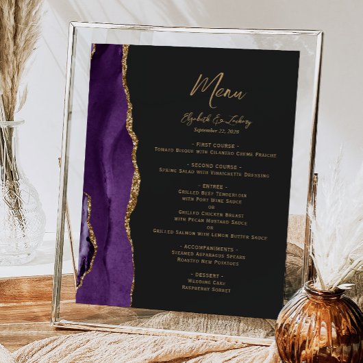Paarse Gold Agate Dark Trouwtafel Menu Poster