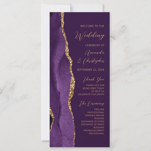 Paarse Gold Agate Script Plum Wedding Programma (Voorkant)
