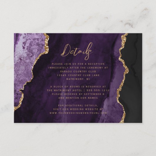 Paarse Gold Agate Script Wedding Details Informatiekaartje (Voorkant)