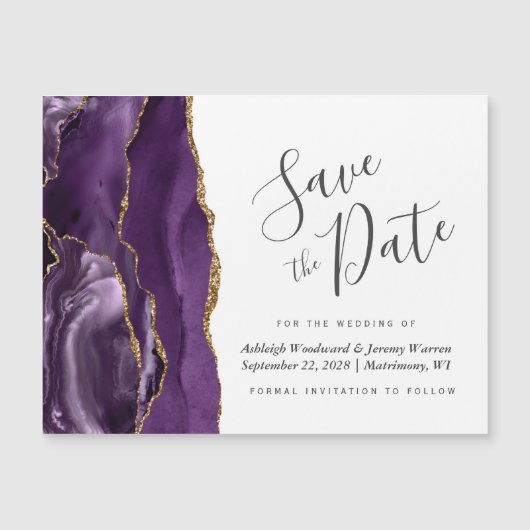 Paarse Gold Agate Wedding Magnetic Save the Date (Voorkant)