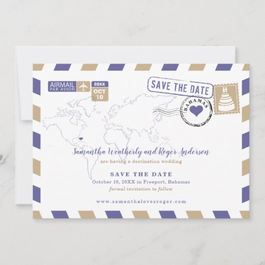 Paarse Gold Bahamas Air Mail Wedding Save the Date (Voorkant)
