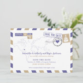 Paarse Gold Bahamas Air Mail Wedding Save the Date (Staand voorkant)