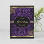 Paarse, Gold- & Black Damask-feestdagen Kaart (Staand voorkant)