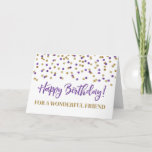 Paarse Gold Confetti Friend Birthday Kaart<br><div class="desc">Verjaarkaart voor vrienden met een paars en goud modern glitter confetti patroon. Houd er rekening mee dat glitter-effect alleen fotografisch effect is.</div>