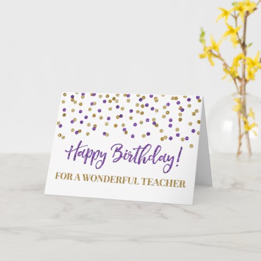 Paarse Gold Confetti leraar Birthday Kaart (Gele Bloem)