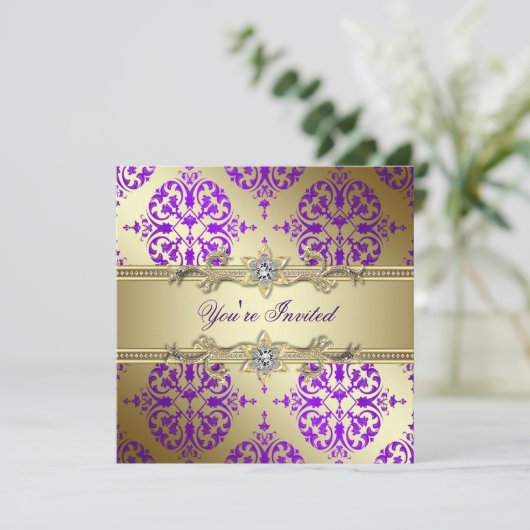 Paarse Gold Damask Paarse Partij Kaart (Staand voorkant)