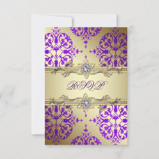 Paarse Gold Damask Paarse Partij RSVP Kaartje (Voorkant)