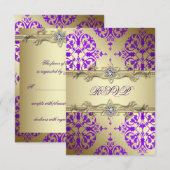 Paarse Gold Damask Paarse Partij RSVP Kaartje (Voorkant / Achterkant)