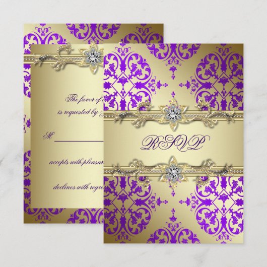 Paarse Gold Damask Paarse Partij RSVP Kaartje (Voorkant / Achterkant)