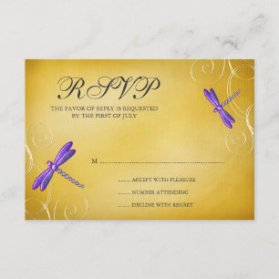 Paarse Gold Dragonfly zwaait een bruiloft-kaart RSVP Kaartje