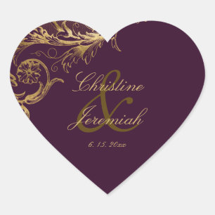 Paarse. Gold Floral Damask Script Wedding Hart Sticker