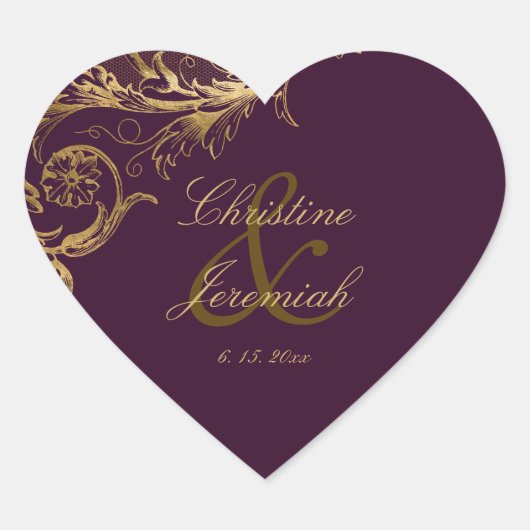 Paarse. Gold Floral Damask Script Wedding Hart Sticker (Voorkant)
