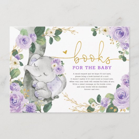 Paarse Gold Floral Elephant Books for Baby Girl Informatiekaartje (Voorkant)