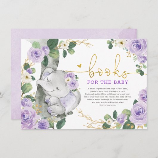 Paarse Gold Floral Elephant Books for Baby Girl Informatiekaartje (Voorkant / Achterkant)